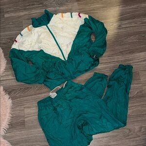 80s vintage women’s Teal and White Tracksuit with Colorful Accents